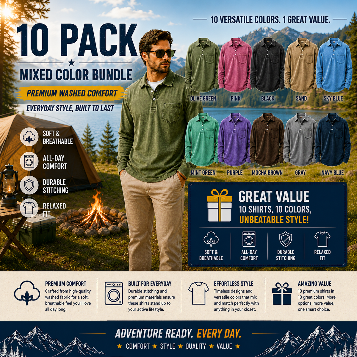 ⏰WAREHOUSE CLEARANCE⚡10 Pack for $32.99⚡Men’s Washed Long Sleeve Polo Shirt with Chest Pocket