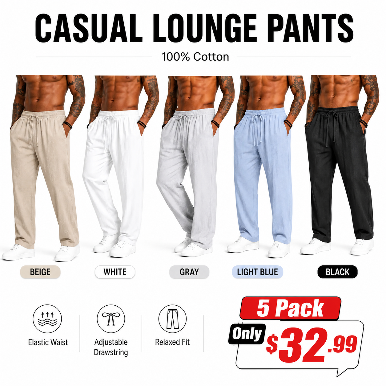 Cotton Lounge Pants for Men – 5 Colors, Soft & Relaxed Fit