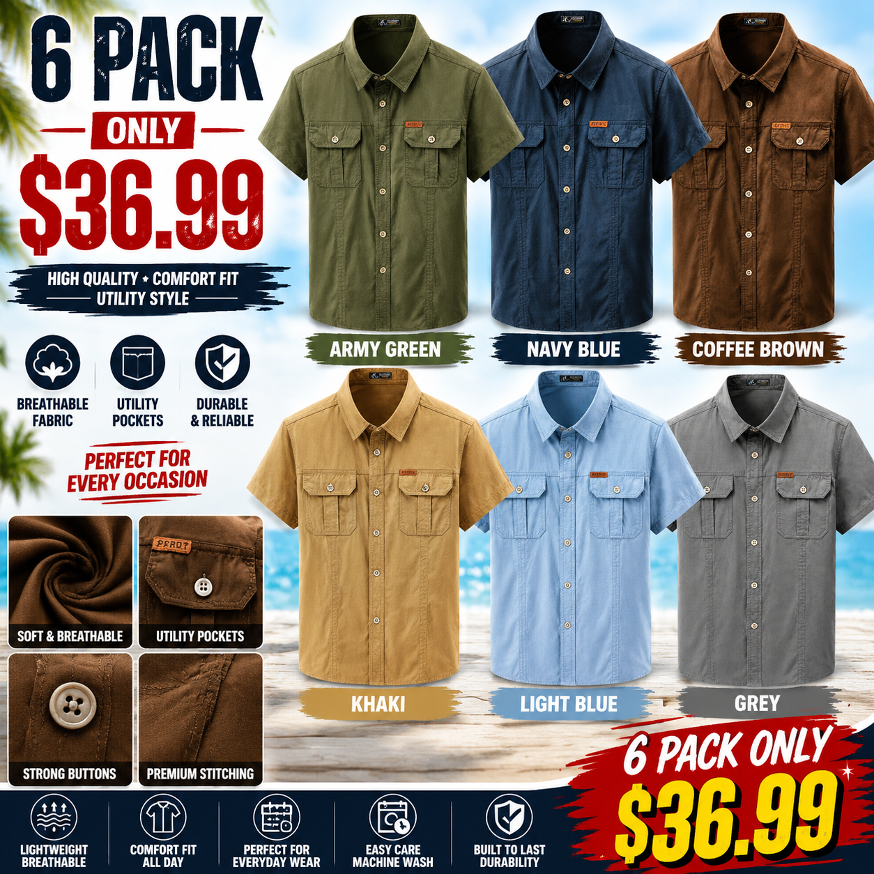 Mens Tactical Cargo Shirt | Lightweight Utility Button-Up Summer Shirt