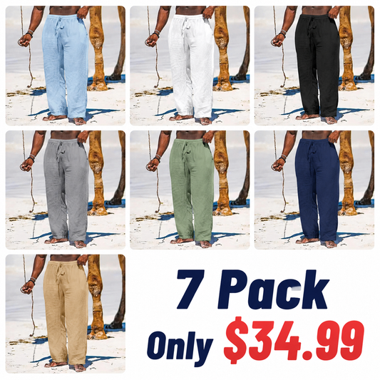 Casual Loose Cotton Linen Men Pants Summer Male High Elastic Waist Wide Leg Sand Holiday Beachwear Straight Full Trousers