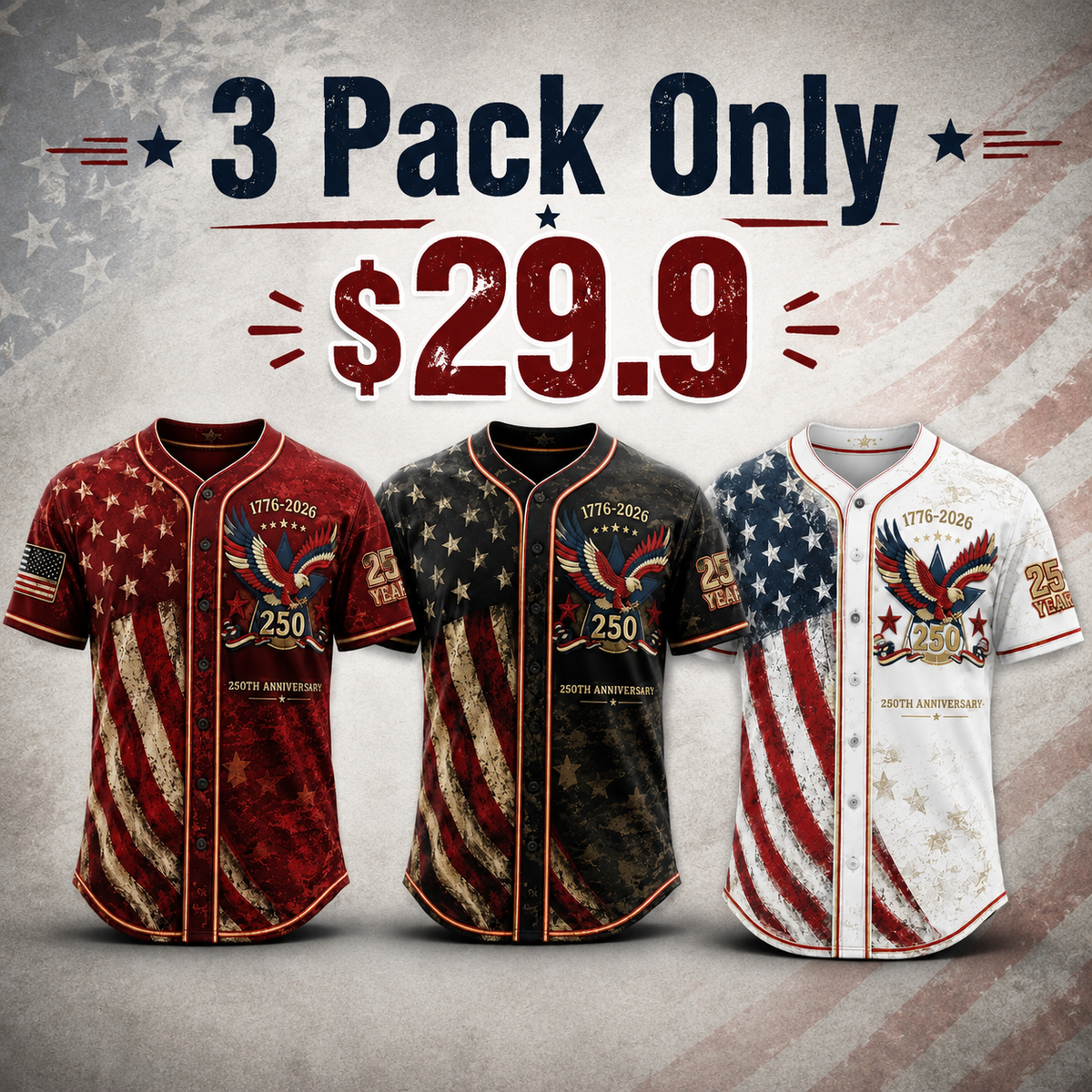 USA 250th Anniversary Baseball Jersey 3-Pack – Patriotic Eagle Edition