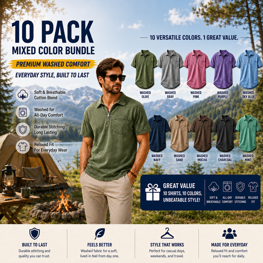 Men's Washed Zip Polo Shirt – Casual Relaxed Fit Pocket Tee