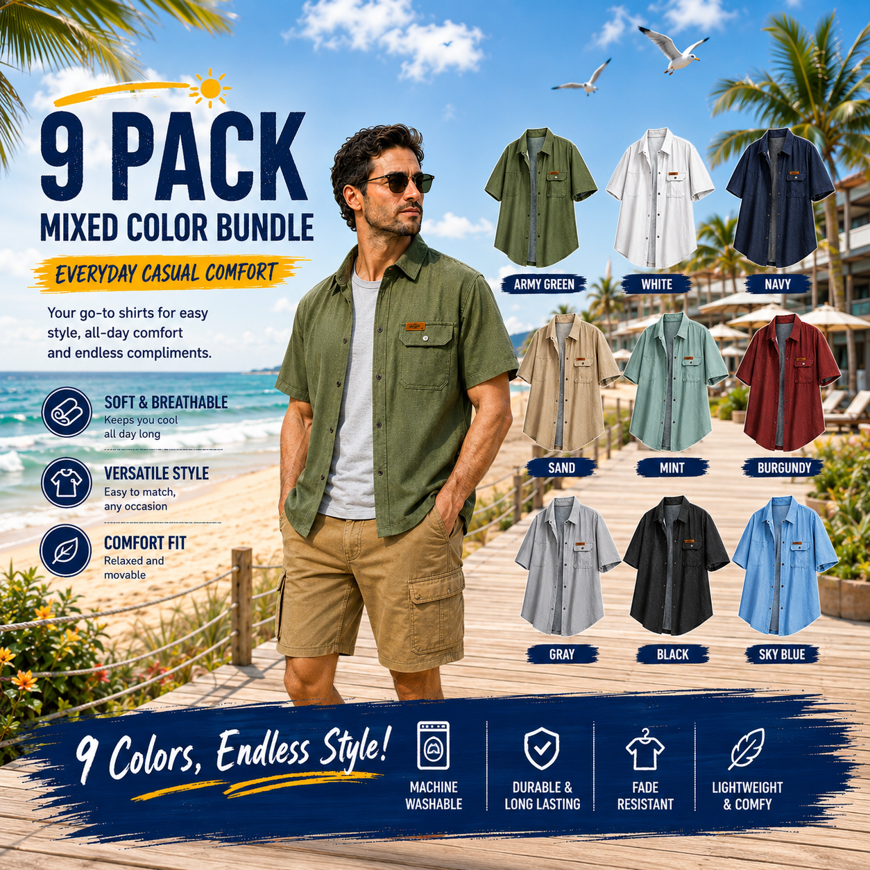 9-Pack Men’s Casual Short Sleeve Shirt – Mixed Colors, Everyday Comfort