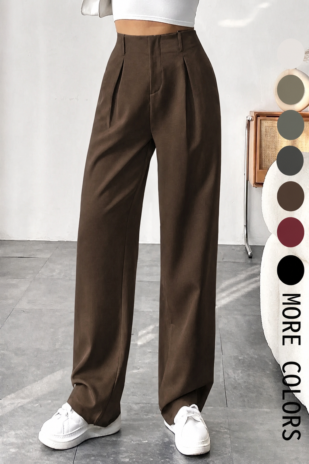 Women’s Pleated Wide Leg Pants with Pockets – Elegant High Waist Office Trousers