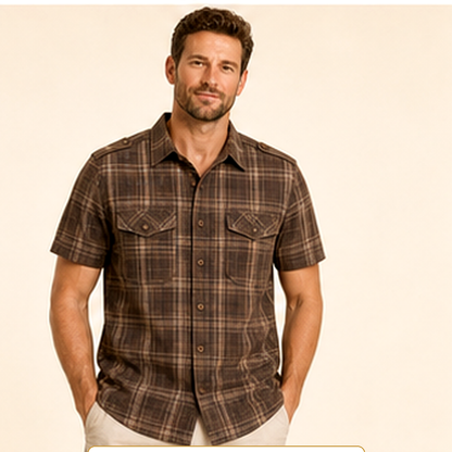 Men's Plaid Short Sleeve Utility Button-Up Shirt