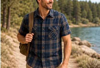 Men's Plaid Short Sleeve Utility Button-Up Shirt