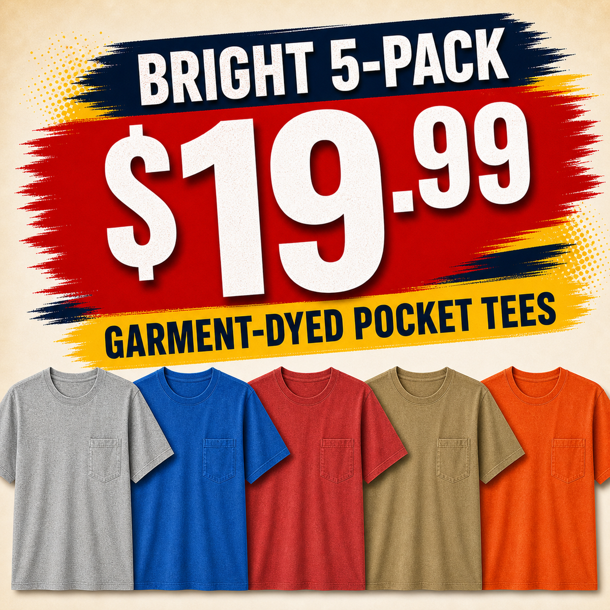 ⏰Clearance Sale⚡20-Pack for $30⚡Men's Big & Tall Garment-Dyed Pocket T-Shirt Multi-Pack