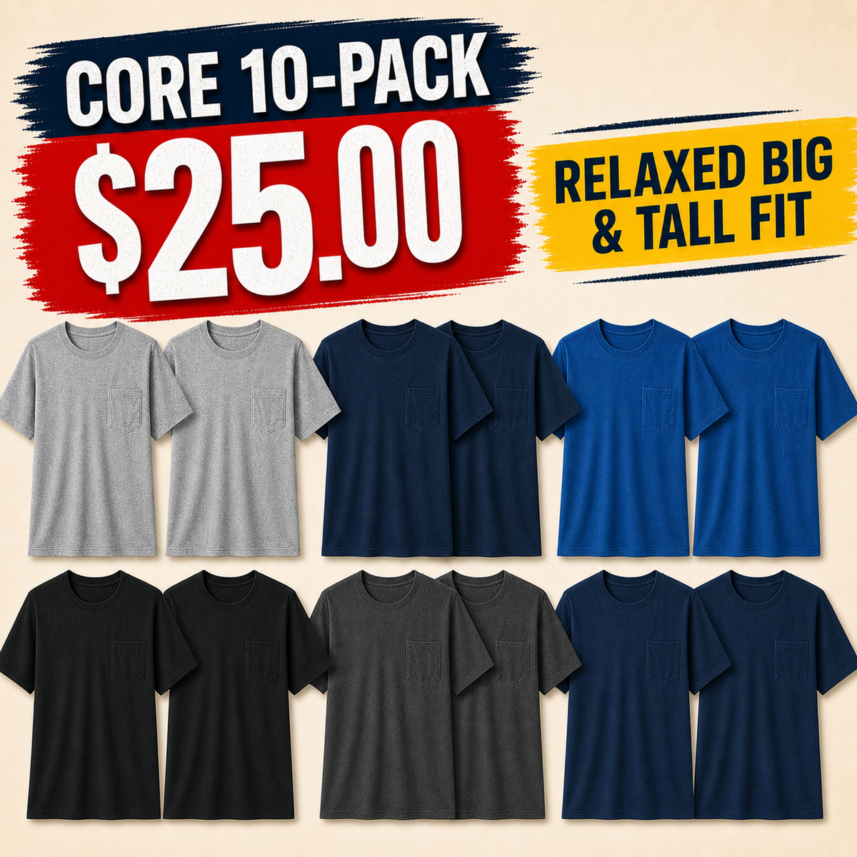 ⏰Clearance Sale⚡20-Pack for $30⚡Men's Big & Tall Garment-Dyed Pocket T-Shirt Multi-Pack