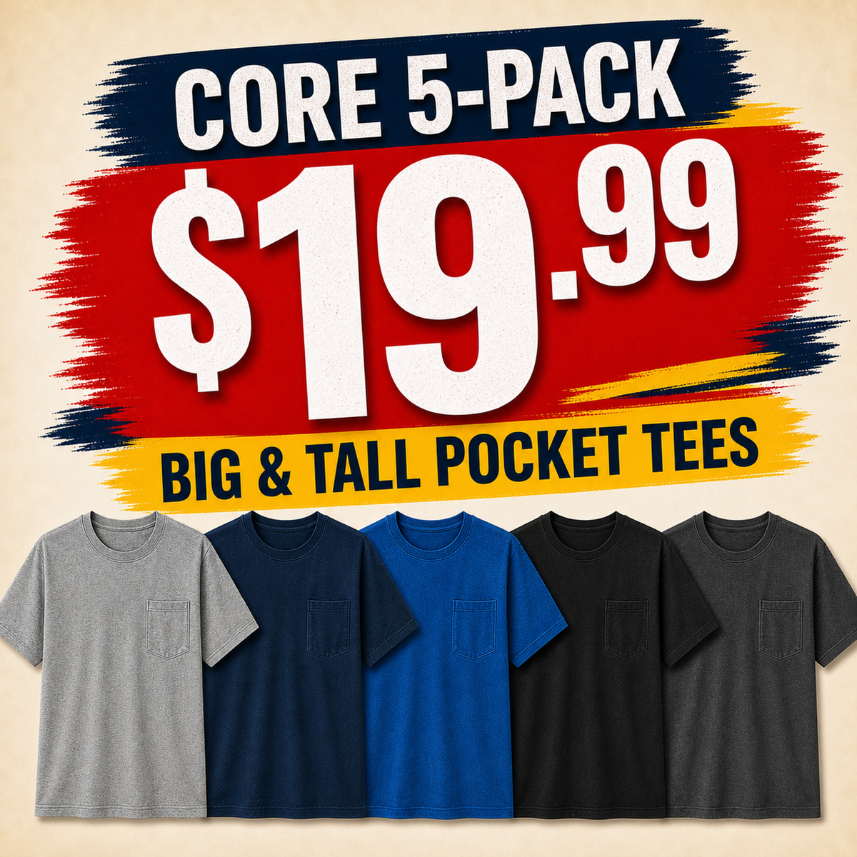 ⏰Clearance Sale⚡20-Pack for $30⚡Men's Big & Tall Garment-Dyed Pocket T-Shirt Multi-Pack