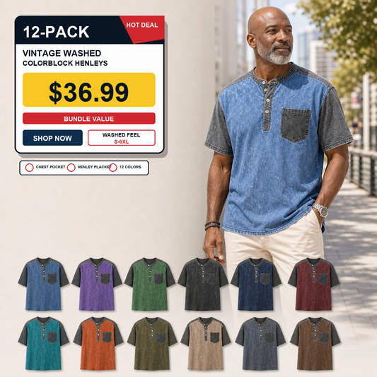 ⏰WAREHOUSE CLEARANCE⚡12 Pack Only $36.99⚡Men's Vintage Washed Colorblock Short Sleeve Henley T-Shirts