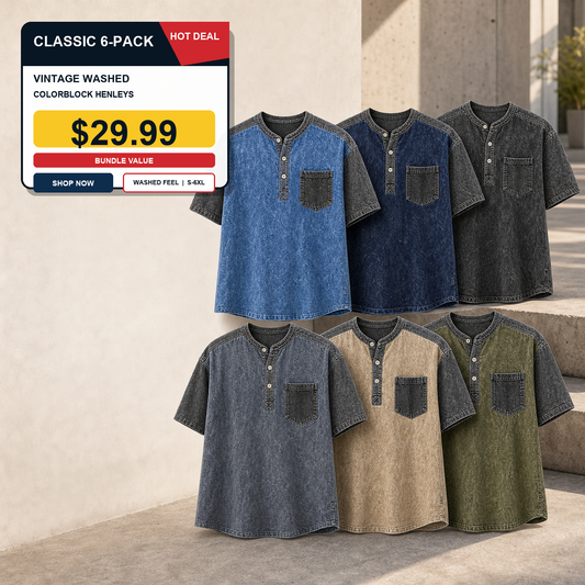 ⏰WAREHOUSE CLEARANCE⚡12 Pack Only $36.99⚡Men's Vintage Washed Colorblock Short Sleeve Henley T-Shirts