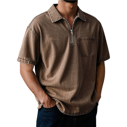 Men's Washed Zip Polo Shirt – Casual Relaxed Fit Pocket Tee