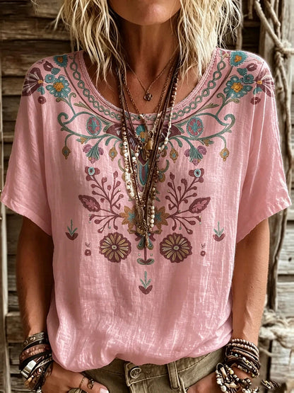Women’s Floral Embroidery-Look Short Sleeve Top