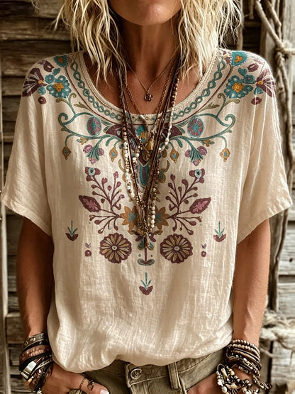Women’s Floral Embroidery-Look Short Sleeve Top