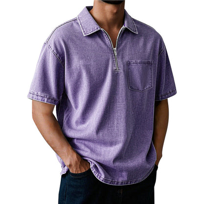 Men's Washed Zip Polo Shirt – Casual Relaxed Fit Pocket Tee