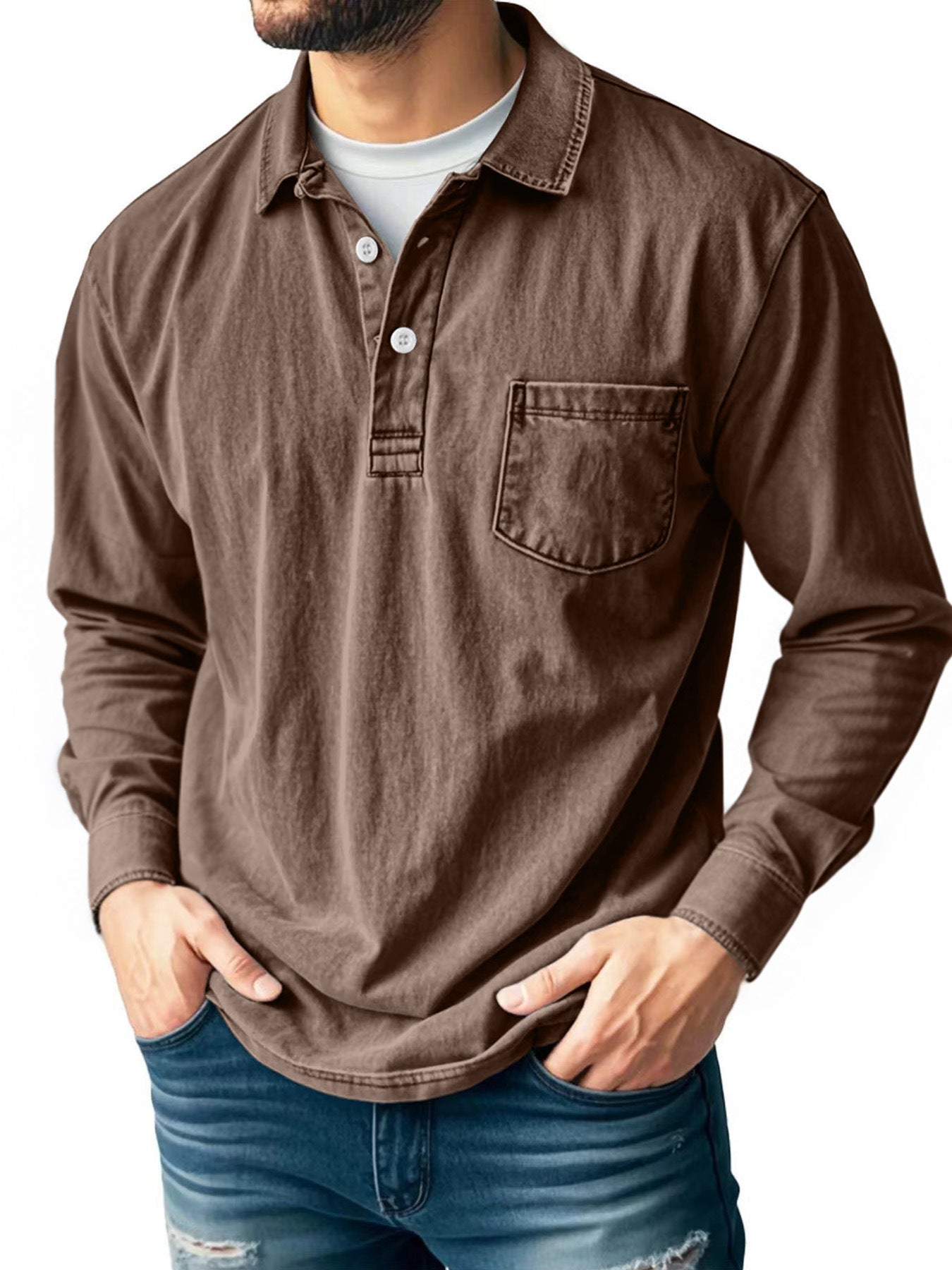 ⏰WAREHOUSE CLEARANCE⚡10 Pack for $32.99⚡Men’s Washed Long Sleeve Polo Shirt with Chest Pocket