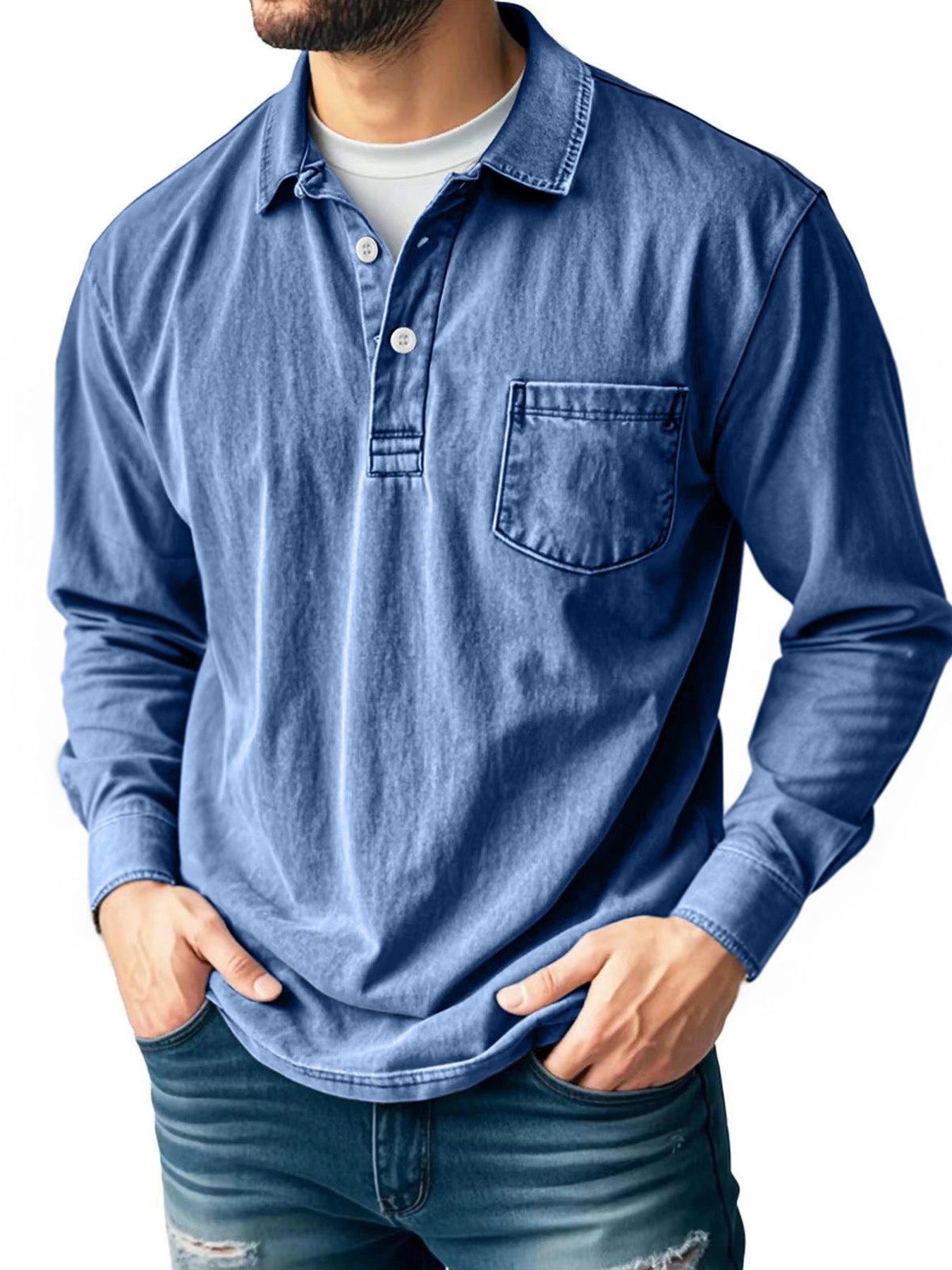 ⏰WAREHOUSE CLEARANCE⚡10 Pack for $32.99⚡Men’s Washed Long Sleeve Polo Shirt with Chest Pocket