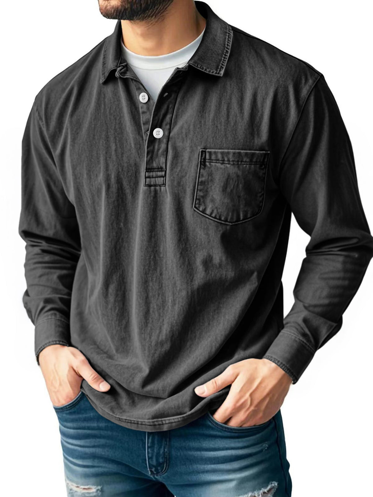 ⏰WAREHOUSE CLEARANCE⚡10 Pack for $32.99⚡Men’s Washed Long Sleeve Polo Shirt with Chest Pocket