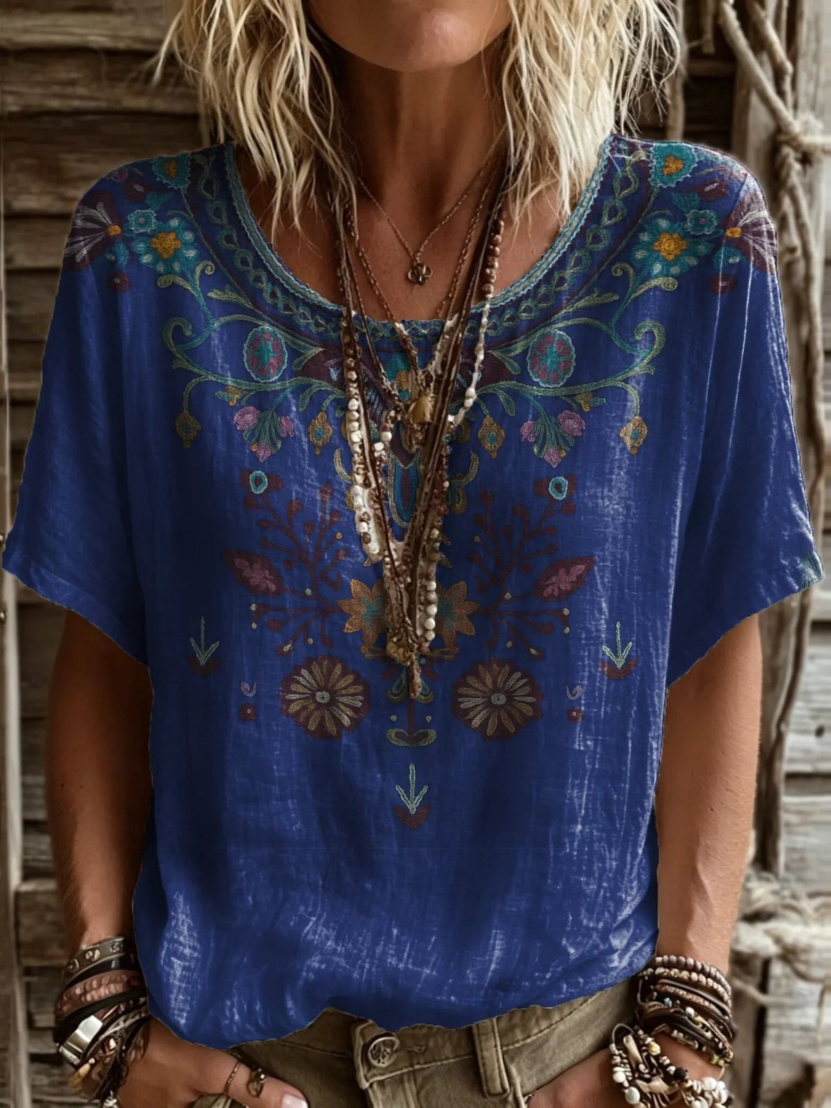 Women’s Floral Embroidery-Look Short Sleeve Top