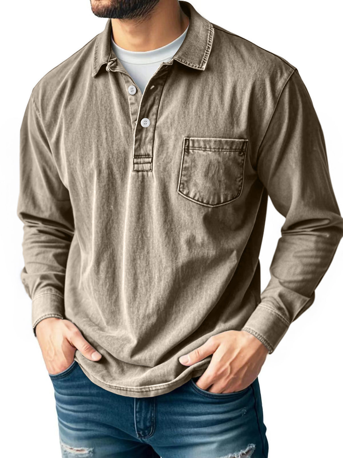 ⏰WAREHOUSE CLEARANCE⚡10 Pack for $32.99⚡Men’s Washed Long Sleeve Polo Shirt with Chest Pocket