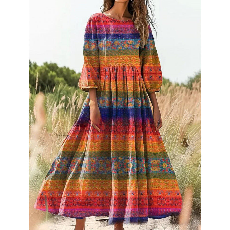 Women's Vintage Floral Print Loose Maxi Dress – Casual 3/4 Sleeve Boho Long Dress