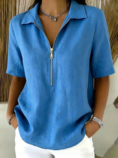 Women's Casual Half-Zip Collared Blouse – Lightweight Relaxed Fit Short Sleeve Top