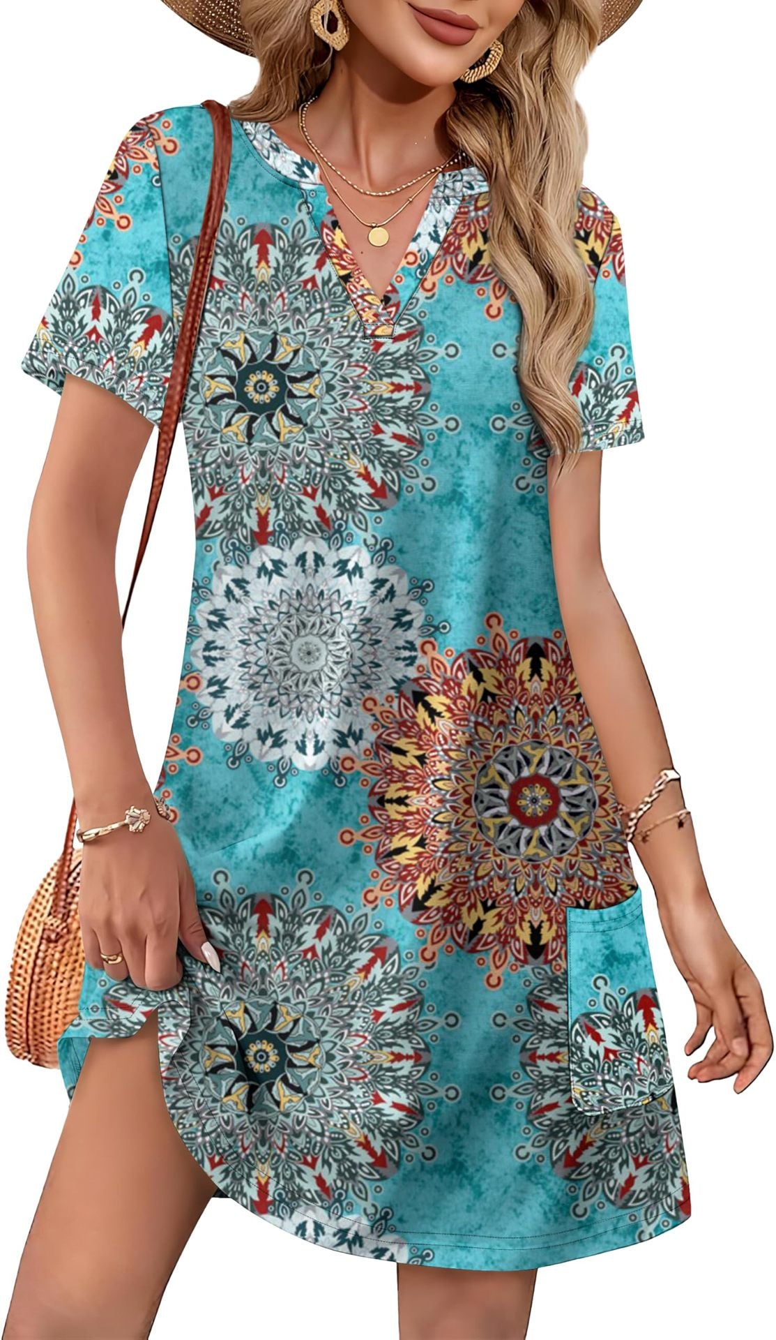 Women’s Casual V-Neck Printed Pocket Dress