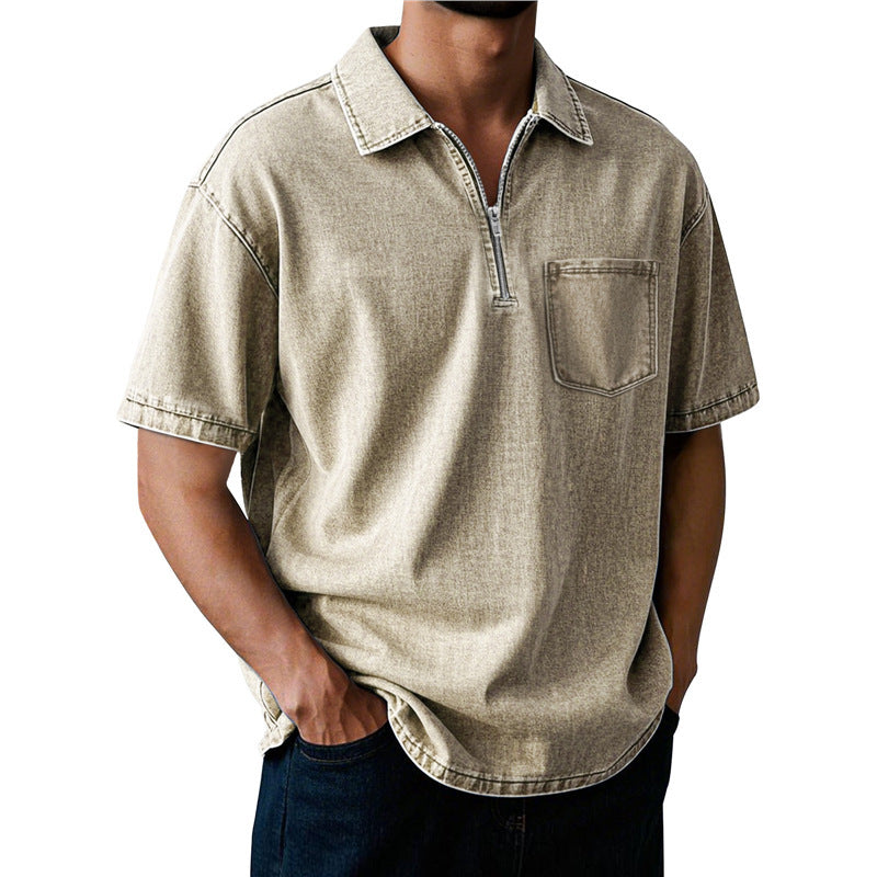 Men's Washed Zip Polo Shirt – Casual Relaxed Fit Pocket Tee