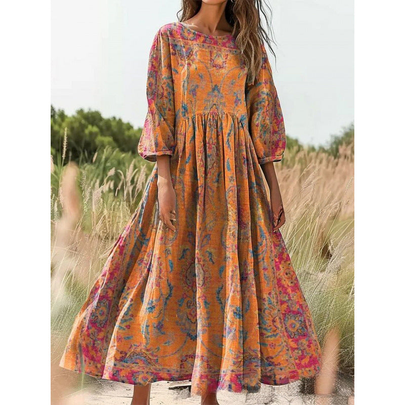 Women's Vintage Floral Print Loose Maxi Dress – Casual 3/4 Sleeve Boho Long Dress