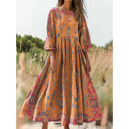 Women's Vintage Floral Print Loose Maxi Dress – Casual 3/4 Sleeve Boho Long Dress