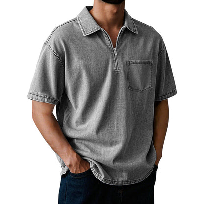 Men's Washed Zip Polo Shirt – Casual Relaxed Fit Pocket Tee