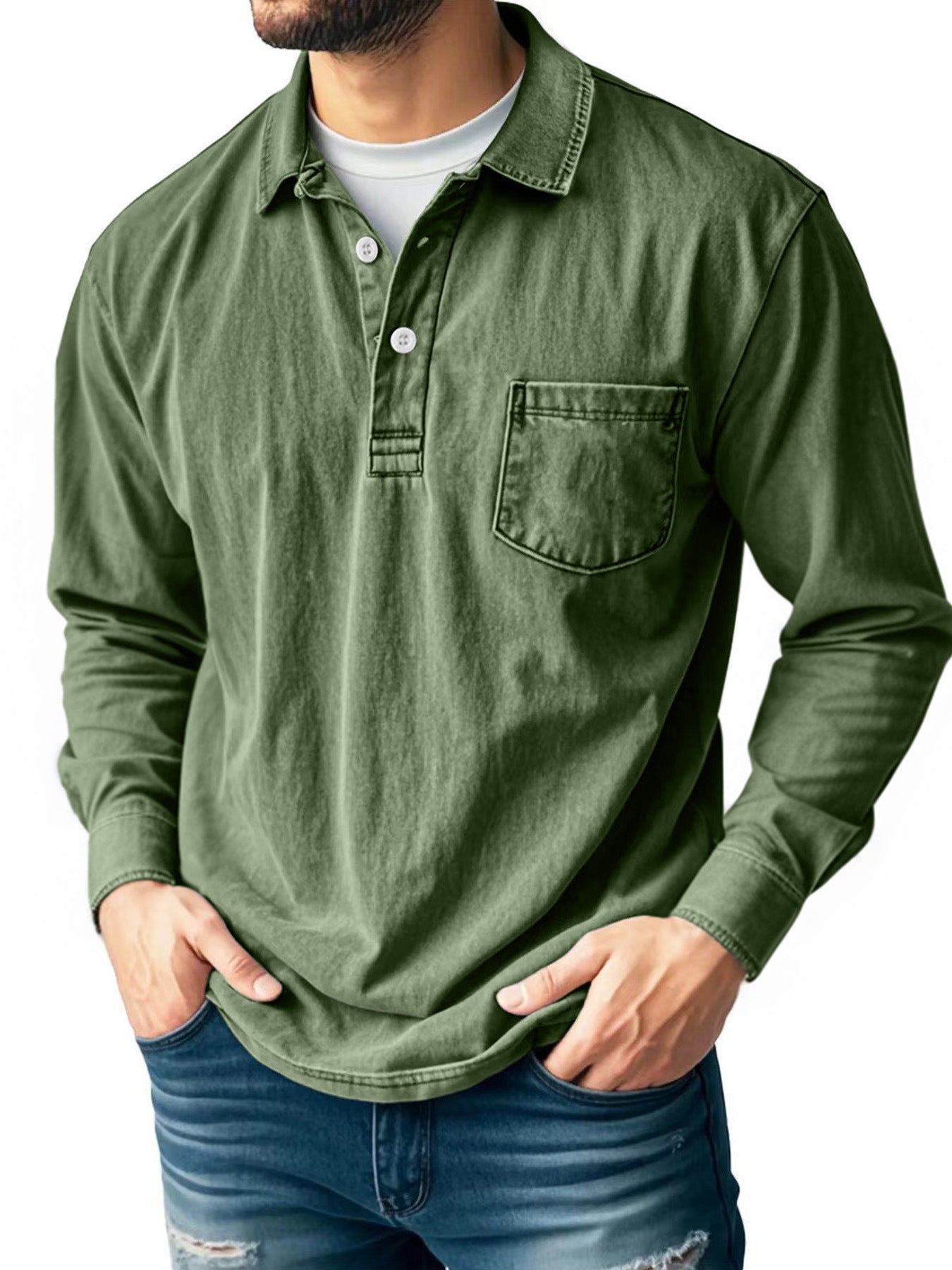 ⏰WAREHOUSE CLEARANCE⚡10 Pack for $32.99⚡Men’s Washed Long Sleeve Polo Shirt with Chest Pocket