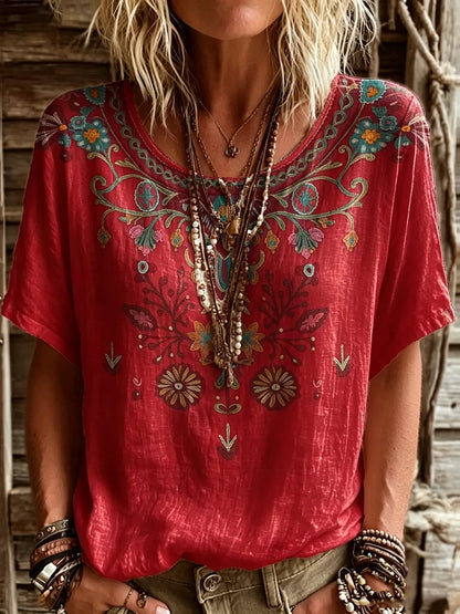 Women’s Floral Embroidery-Look Short Sleeve Top