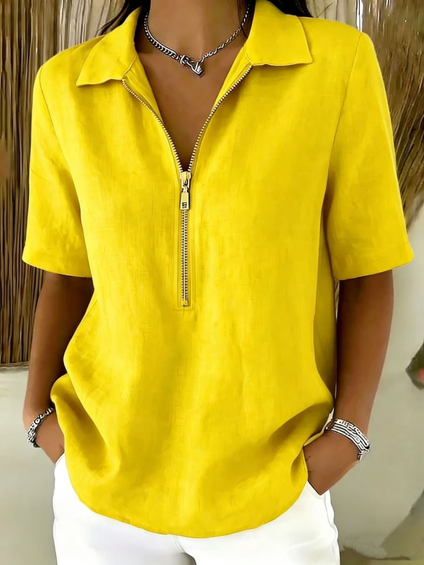 Women's Casual Half-Zip Collared Blouse – Lightweight Relaxed Fit Short Sleeve Top
