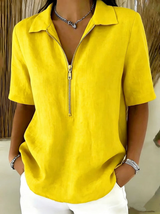 Women's Casual Half-Zip Collared Blouse – Lightweight Relaxed Fit Short Sleeve Top