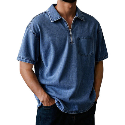 Men's Washed Zip Polo Shirt – Casual Relaxed Fit Pocket Tee