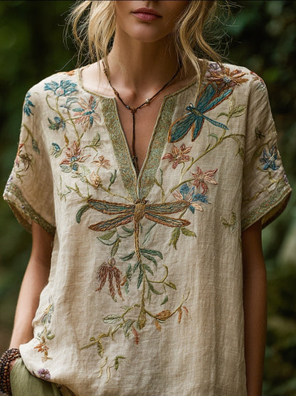Comfortable and trendy women's clothing, Bohemian style V-neck short-sleeved T-shirt