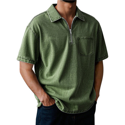 Men's Washed Zip Polo Shirt – Casual Relaxed Fit Pocket Tee