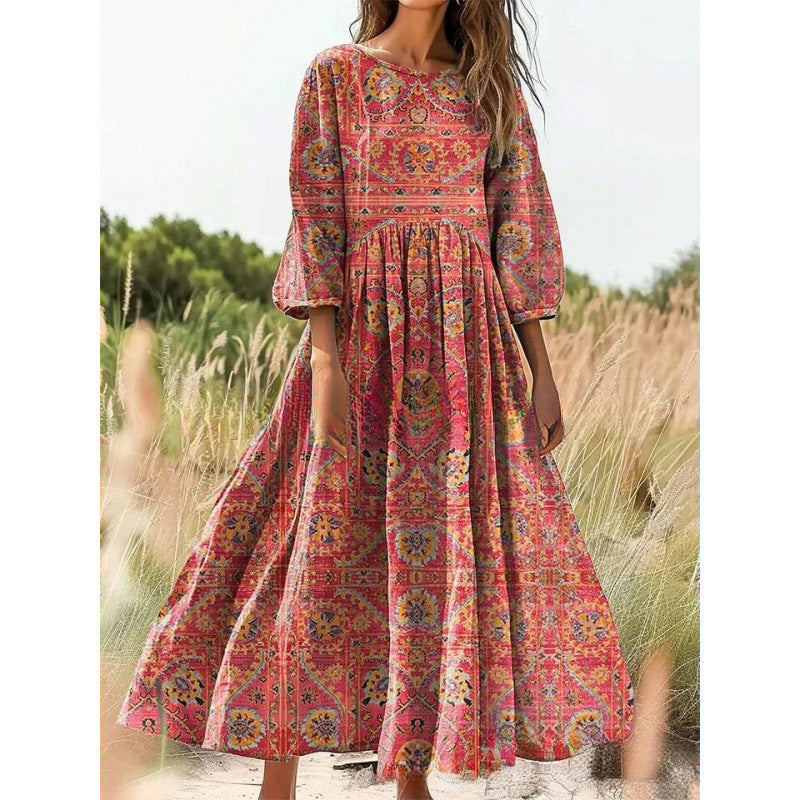 Women's Vintage Floral Print Loose Maxi Dress – Casual 3/4 Sleeve Boho Long Dress