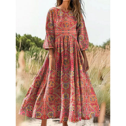 Women's Vintage Floral Print Loose Maxi Dress – Casual 3/4 Sleeve Boho Long Dress