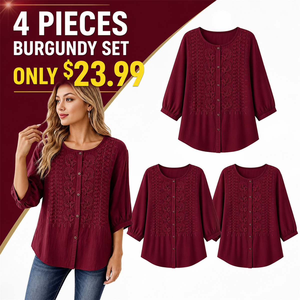 FINAL CLEARANCE - 8-Pack Only $38.99 - Women's Embroidered Button-Front Three-Quarter-Sleeve Blouse