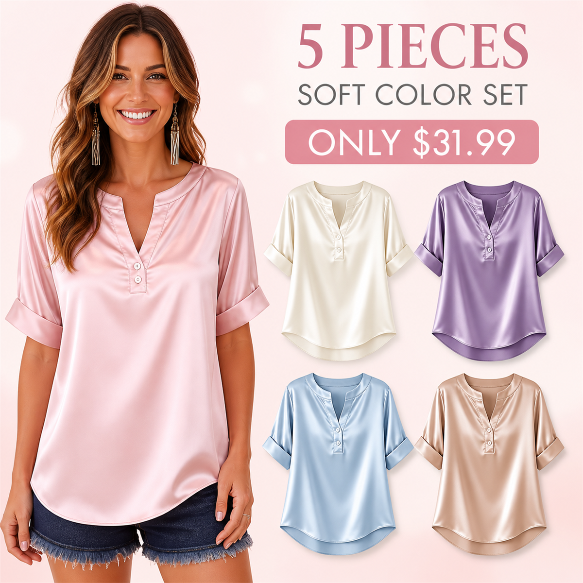 FINAL CLEARANCE - 10-Pack Only $39.99 - Women's Satin-Look Notch-Neck Short-Sleeve Blouse