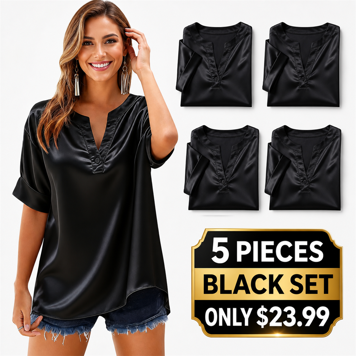 FINAL CLEARANCE - 10-Pack Only $39.99 - Women's Satin-Look Notch-Neck Short-Sleeve Blouse