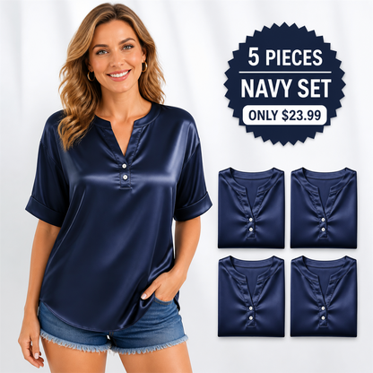 FINAL CLEARANCE - 10-Pack Only $39.99 - Women's Satin-Look Notch-Neck Short-Sleeve Blouse