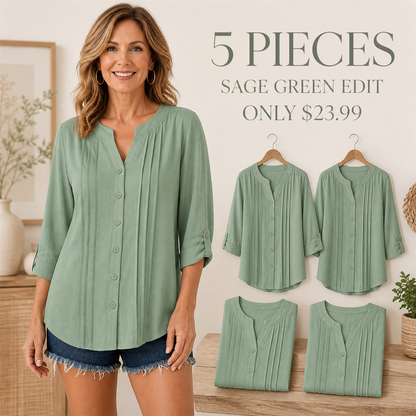 FINAL CLEARANCE - 10-Pack Only $39.99 - Women's Relaxed Pleated Button-Front Three-Quarter-Sleeve Blouse
