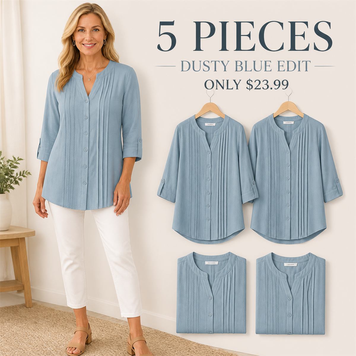 FINAL CLEARANCE - 10-Pack Only $39.99 - Women's Relaxed Pleated Button-Front Three-Quarter-Sleeve Blouse