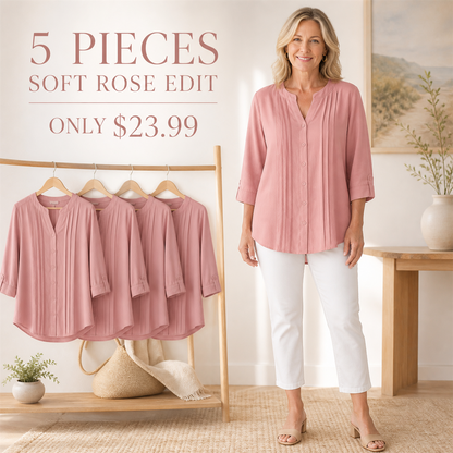 FINAL CLEARANCE - 10-Pack Only $39.99 - Women's Relaxed Pleated Button-Front Three-Quarter-Sleeve Blouse