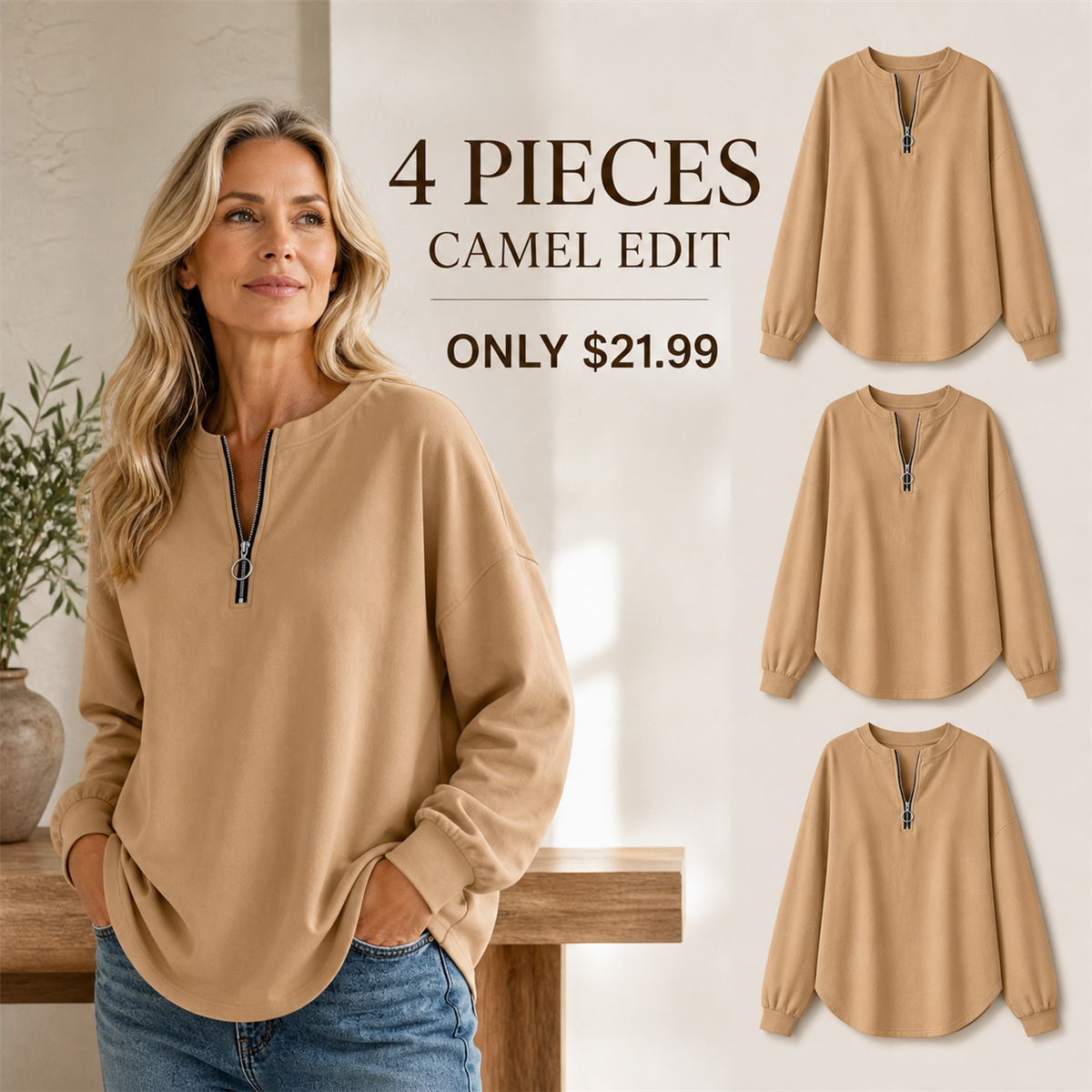 FINAL CLEARANCE - 8-Pack Only $36.99 - Women's Relaxed Half-Zip Long-Sleeve Pullover Top