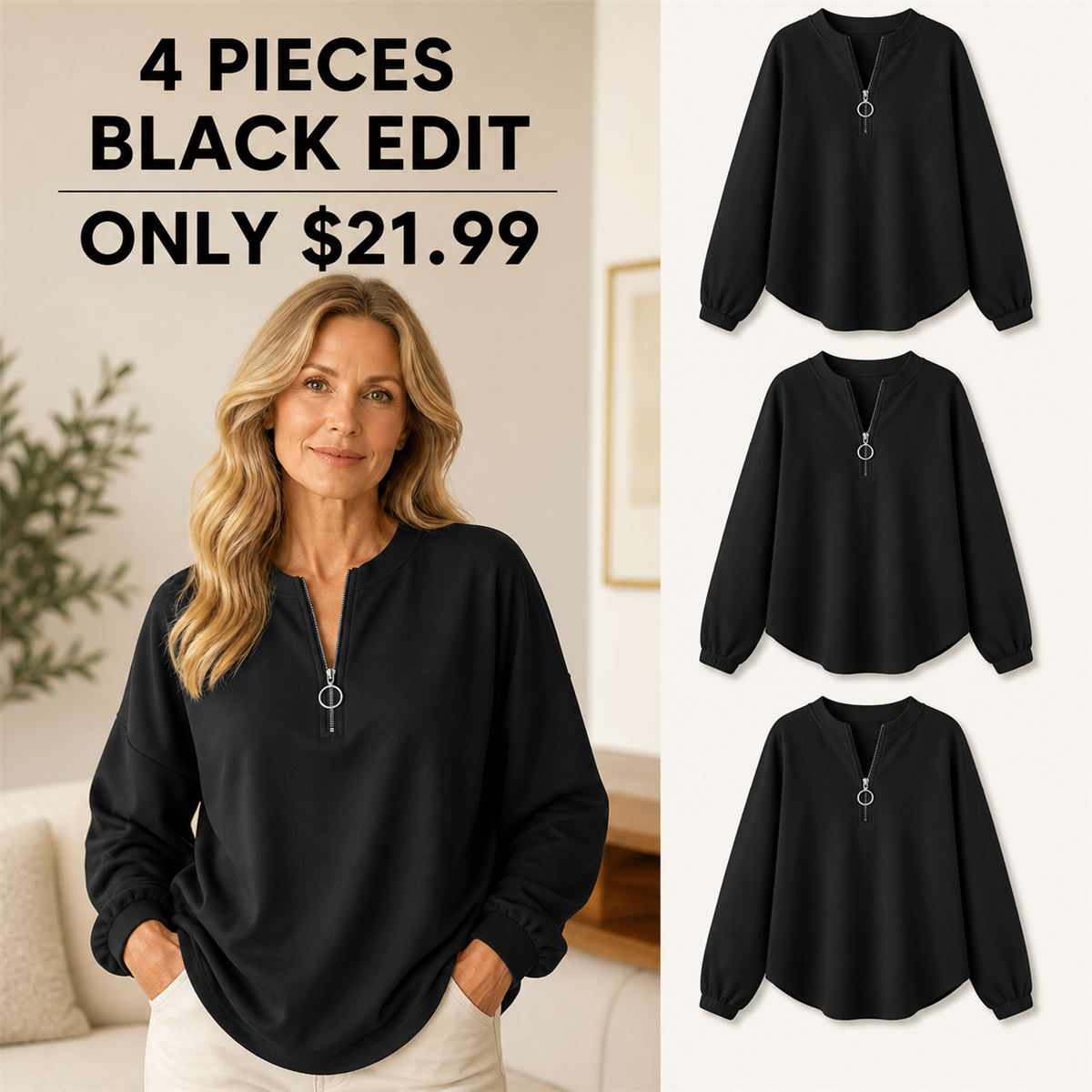 FINAL CLEARANCE - 8-Pack Only $36.99 - Women's Relaxed Half-Zip Long-Sleeve Pullover Top