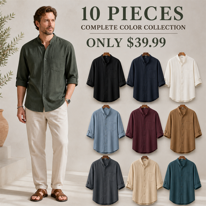 FINAL CLEARANCE - 10-Pack Only $39.99 - Men's Relaxed Mandarin-Collar Three-Quarter-Sleeve Button-Front Shirt